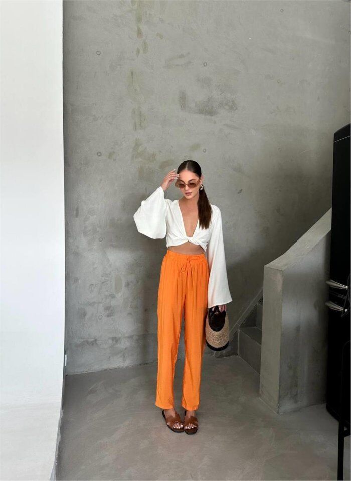 BEL LASTİK DETAYLI MODAL KUMAŞ PANTOLON - Orange