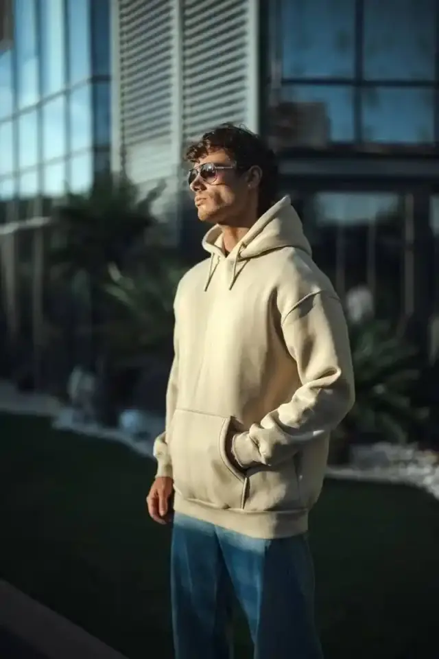 Erkek 3 İplik Pamuklu Kapüşonlu Kanguru Cepli Hoodie Sweatshirt - Bej