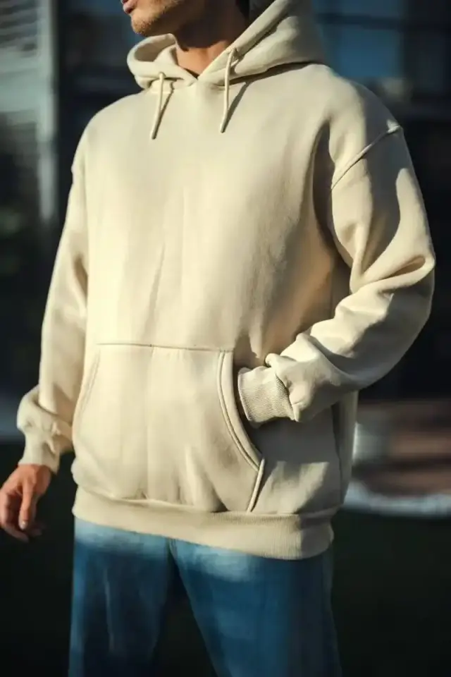 Erkek 3 İplik Pamuklu Kapüşonlu Kanguru Cepli Hoodie Sweatshirt - Bej