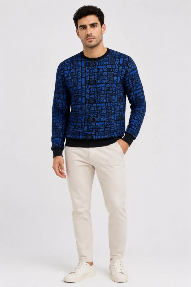 Erkek Siyah Mavi Yazı Desenli İki İplik Şardonlu Sweatshirt