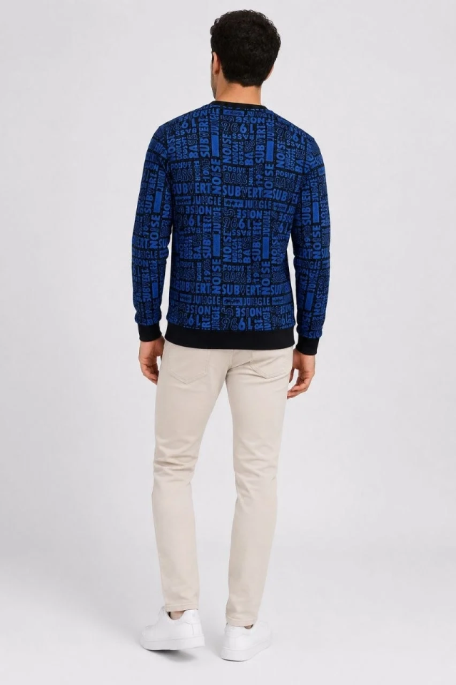 Erkek Siyah Mavi Yazı Desenli İki İplik Şardonlu Sweatshirt
