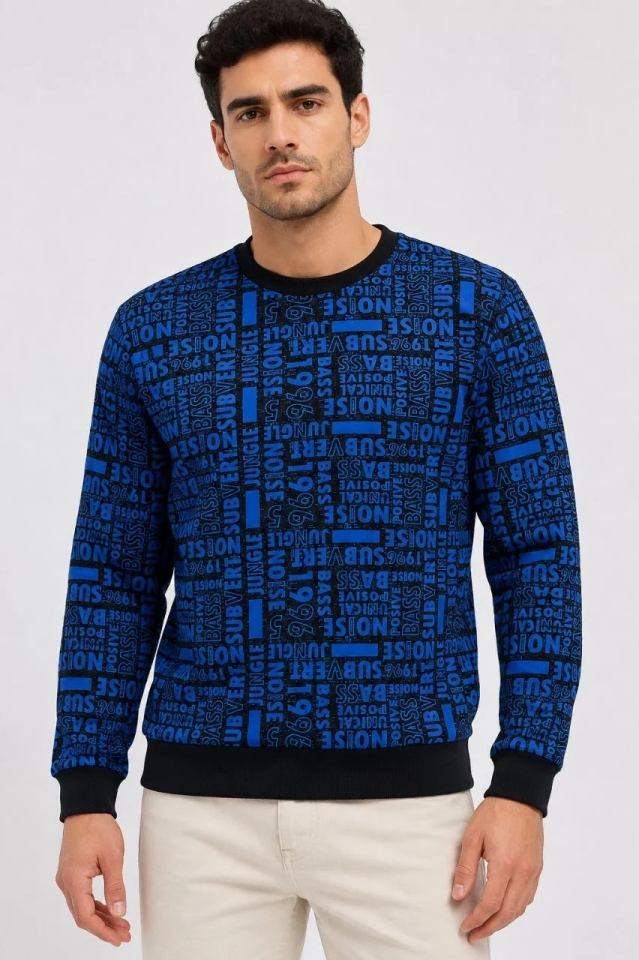 Erkek Siyah Mavi Yazı Desenli İki İplik Şardonlu Sweatshirt