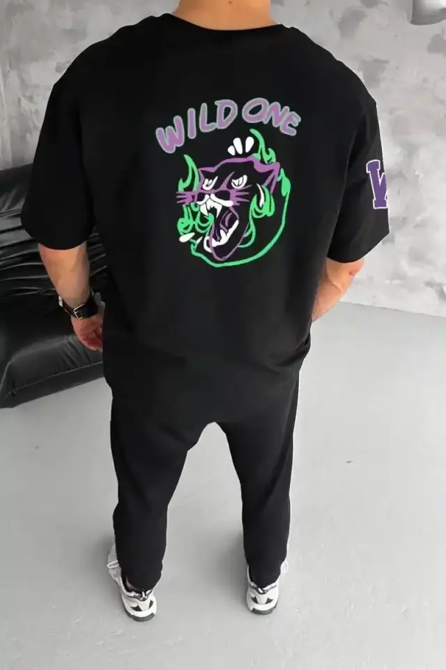 Erkek Kısa Kol Tişört Bisiklet Yaka W Wildone Baskılı T-Shirt - Siyah