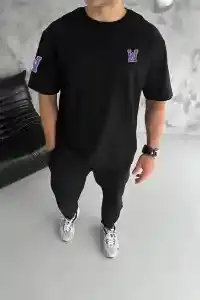 Erkek Kısa Kol Tişört Bisiklet Yaka W Wildone Baskılı T-Shirt - Siyah