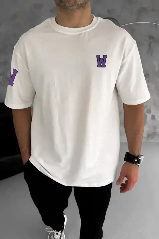 Erkek Kısa Kol Tişört Bisiklet Yaka W Wildone Baskılı T-Shirt - Beyaz