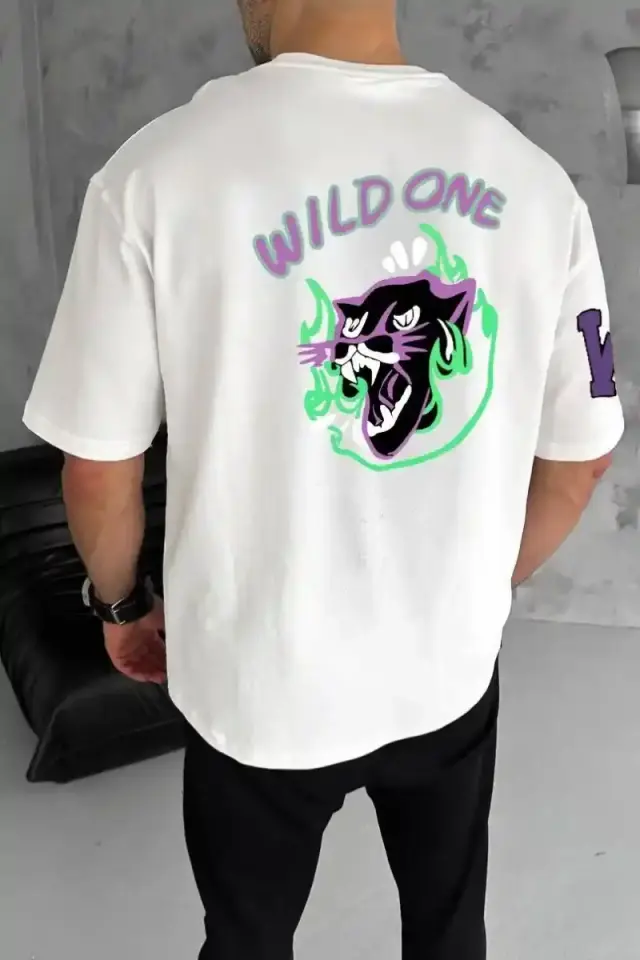 Erkek Kısa Kol Tişört Bisiklet Yaka W Wildone Baskılı T-Shirt - Beyaz