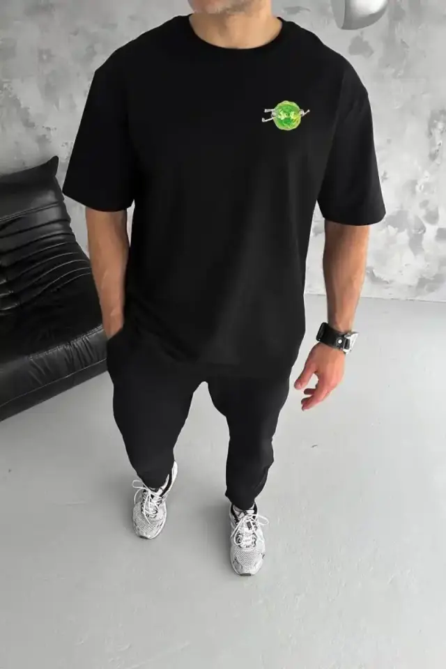 Erkek Kısa Kol Tişört Bisiklet Yaka RİCK AND MORTY Baskılı T-Shirt - Siyah