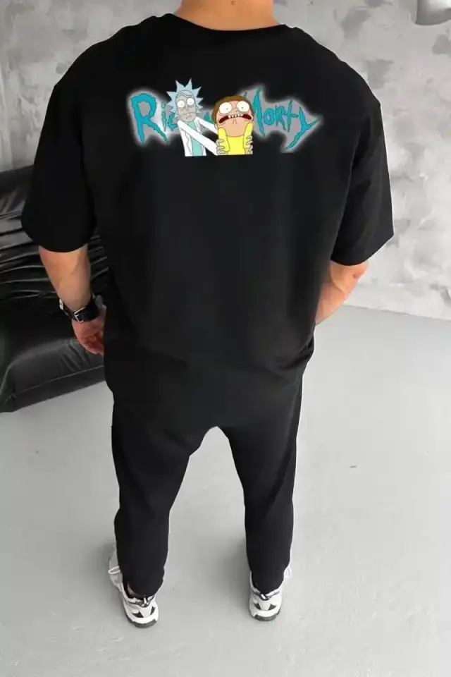 Erkek Kısa Kol Tişört Bisiklet Yaka RİCK AND MORTY Baskılı T-Shirt - Siyah