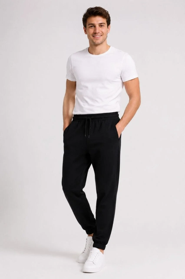 Erkek İki İplik Beli Lastikli Bağcıklı Regular Fit Jogger Eşofman Altı - Siyah