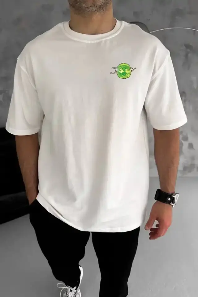 Erkek Kısa Kol Tişört Bisiklet Yaka RİCK AND MORTY Baskılı T-Shirt - Beyaz
