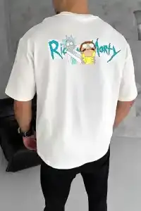 Erkek Kısa Kol Tişört Bisiklet Yaka RİCK AND MORTY Baskılı T-Shirt - Beyaz