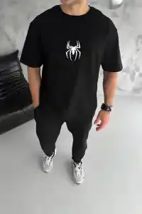 Erkek Kısa Kol Tişört Bisiklet Yaka ÖRÜMCEK Baskılı Oversize T-Shirt - Siyah