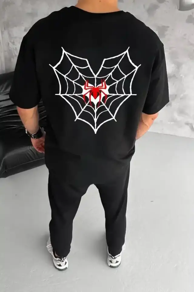 Erkek Kısa Kol Tişört Bisiklet Yaka ÖRÜMCEK Baskılı Oversize T-Shirt - Siyah