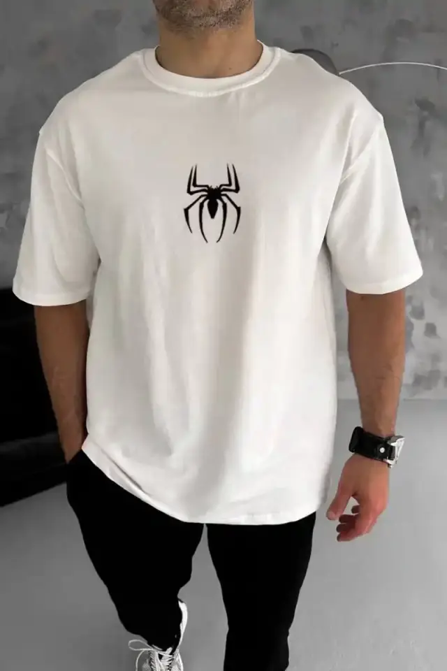 Erkek Kısa Kol Tişört Bisiklet Yaka ÖRÜMCEK Baskılı Oversize T-Shirt - Beyaz