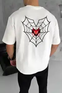 Erkek Kısa Kol Tişört Bisiklet Yaka ÖRÜMCEK Baskılı Oversize T-Shirt - Beyaz