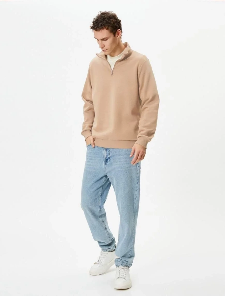 Erkek 3 iplik Pamuklu Uzun Kol Yarım Farmuarlı Yakalı SweatShirt - Bej