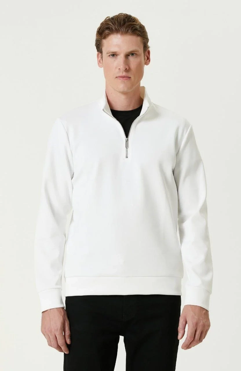 Erkek 3 iplik Pamuklu Uzun Kol Yarım Farmuarlı Yakalı SweatShirt - - Beyaz