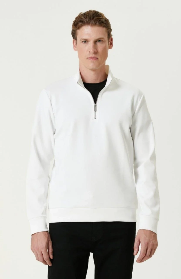 Erkek 3 iplik Pamuklu Uzun Kol Yarım Farmuarlı Yakalı SweatShirt - - Beyaz