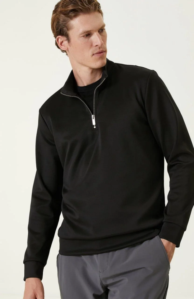 Erkek 3 iplik Pamuklu Uzun Kol Yarım Farmuarlı Yakalı SweatShirt - Siyah