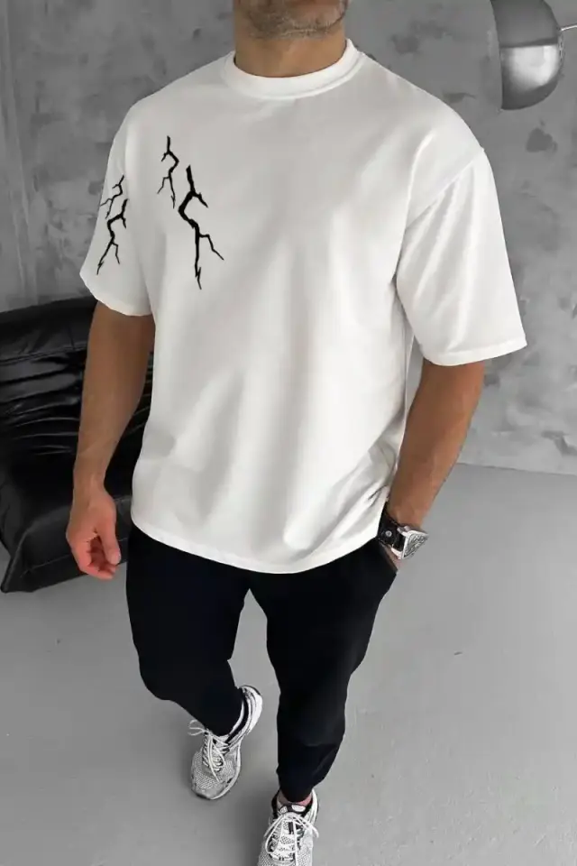 Erkek Kısa Kol Tişört Bisiklet Yaka Yıldırım Baskılı Oversize T-Shirt - Beyaz