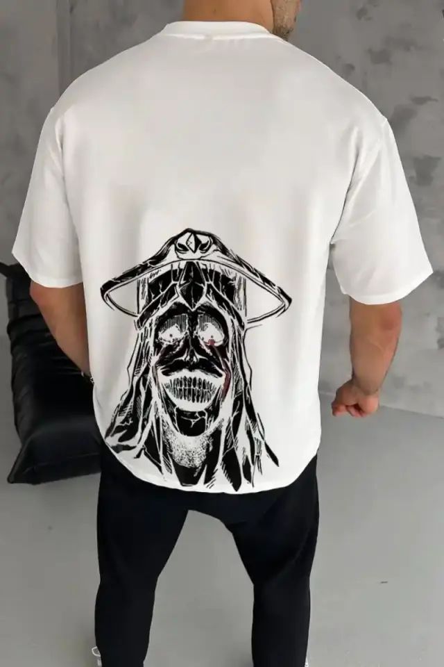Erkek Kısa Kol Tişört Bisiklet Yaka Yıldırım Baskılı Oversize T-Shirt - Beyaz