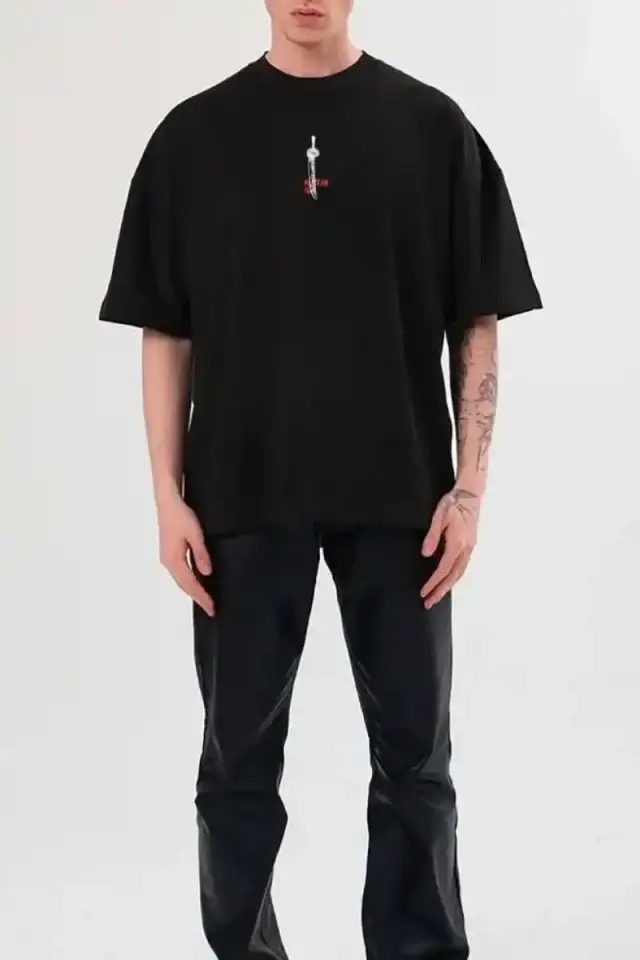Erkek Baskılı T-Shirt Kısa Kol Bisiklet Yaka Regular Fit Rahat Kalıp Günlük Tişört - Siyah