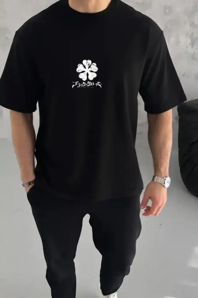Erkek Kısa Kol Tişört Bisiklet Yaka YONCA Baskılı Oversize T-Shirt - Siyah