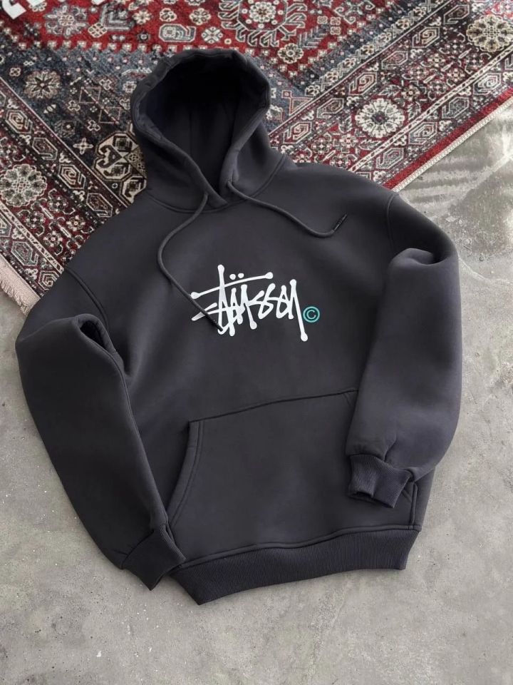 Erkek Üç İplik Kapşonlu Baskılı SweatShirt - Füme