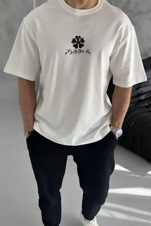 Erkek Kısa Kol Tişört Bisiklet Yaka YONCA Baskılı Oversize T-Shirt -  Beyaz