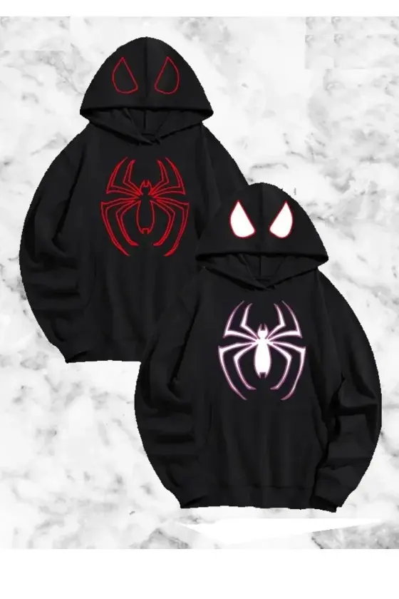 Sevgili Çift Kombini Örümcek Baskılı Kapüşonlu Sweatshirt Hoodie - Siyah