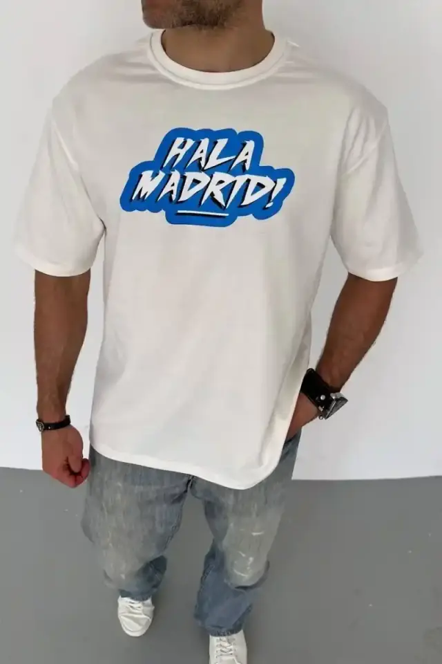 Erkek Kısa Kol Yazlık Tişört Bisiklet Yaka Baskılı Oversize T-Shirt - Beyaz