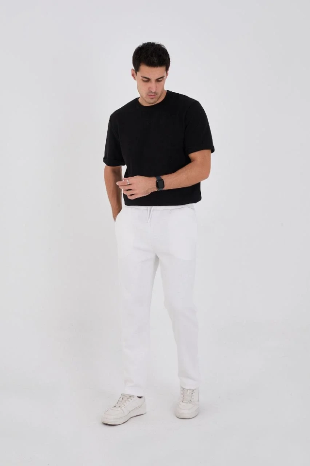 Erkek Üç İplik Basic Eşofman Pantolon - Beyaz