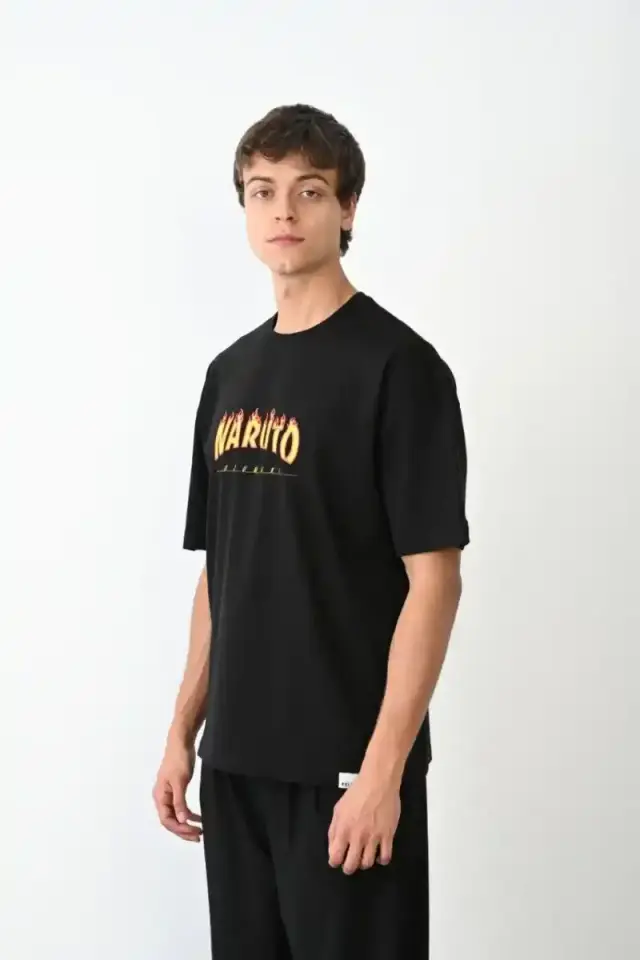 Erkek Baskılı T-Shirt Kısa Kol Bisiklet Yaka Regular Fit Rahat Kalıp Günlük Tişört - Siyah