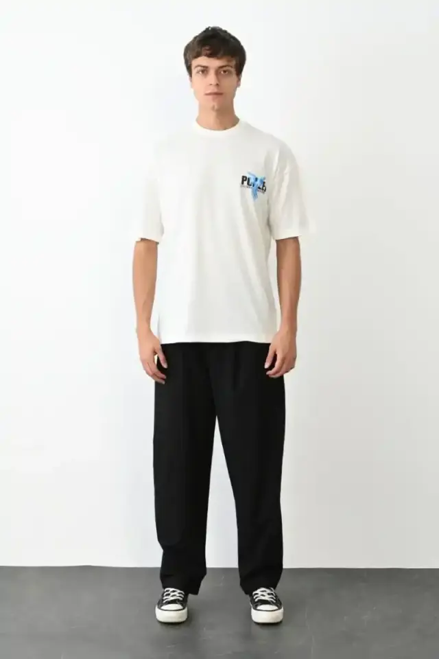Erkek Baskılı T-Shirt Kısa Kol Bisiklet Yaka Regular Fit Rahat Kalıp Günlük Tişört - Beyaz
