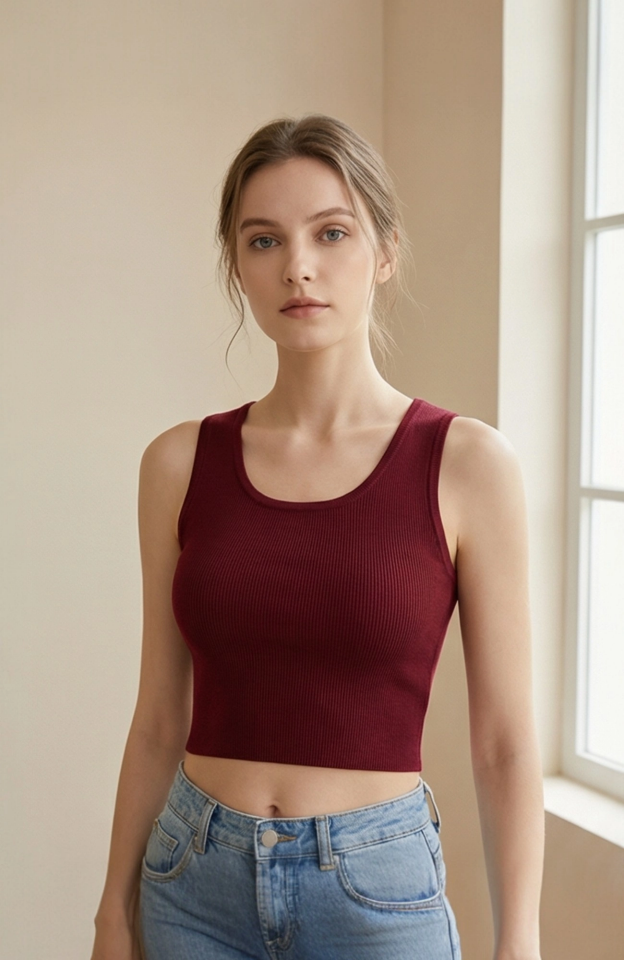 Kadın Bordo Kare Yaka Crop Top Bluz – Şık, Rahat ve Kolay Kombinlenebilir