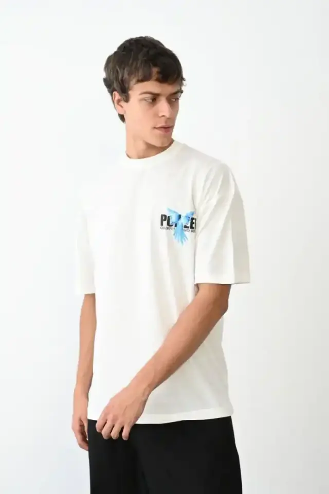 Erkek Baskılı T-Shirt Kısa Kol Bisiklet Yaka Regular Fit Rahat Kalıp Günlük Tişört - Beyaz