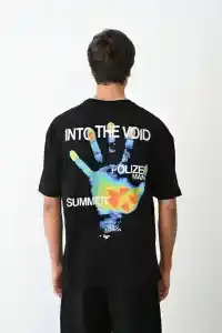 Erkek Kısa Kol Yazlık Tişört Bisiklet Yaka Baskılı Oversize T-Shirt - Siyah