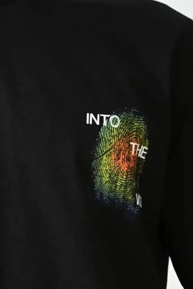 Erkek Kısa Kol Yazlık Tişört Bisiklet Yaka Baskılı Oversize T-Shirt - Siyah