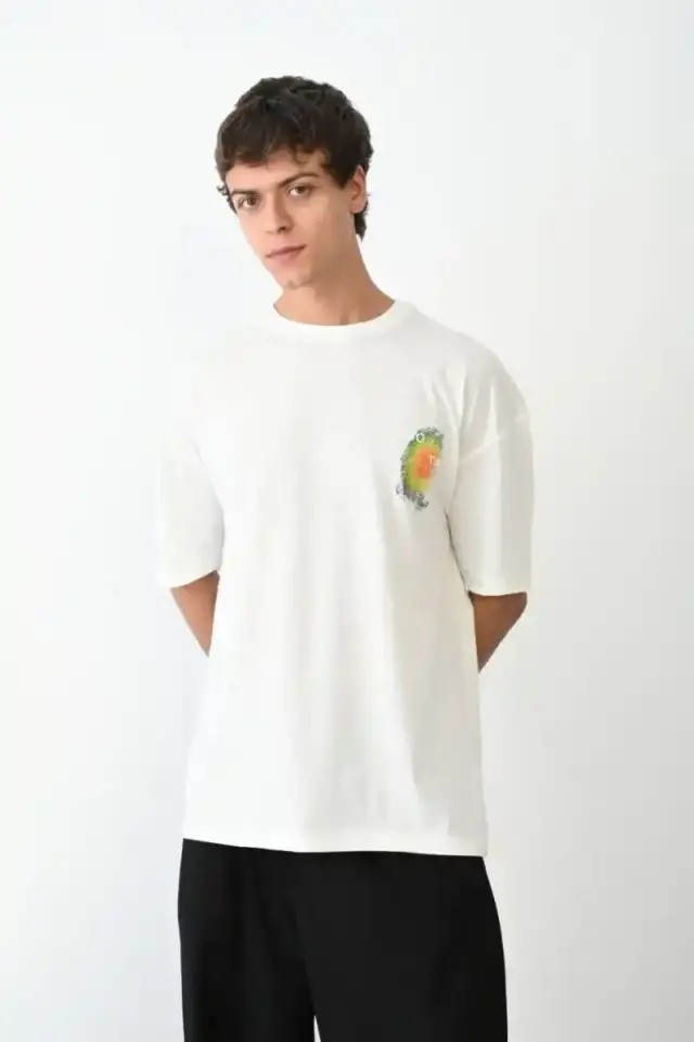 Erkek Kısa Kol Yazlık Tişört Bisiklet Yaka Baskılı Oversize T-Shirt - Beyaz