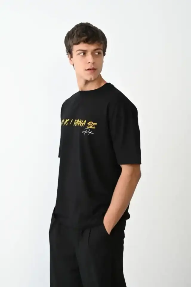 Erkek Baskılı T-Shirt Kısa Kol Bisiklet Yaka Regular Fit Rahat Kalıp Günlük Tişört - Siyah