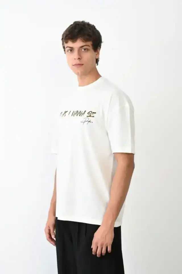 Erkek Baskılı T-Shirt Kısa Kol Bisiklet Yaka Regular Fit Rahat Kalıp Günlük Tişört- Beyaz