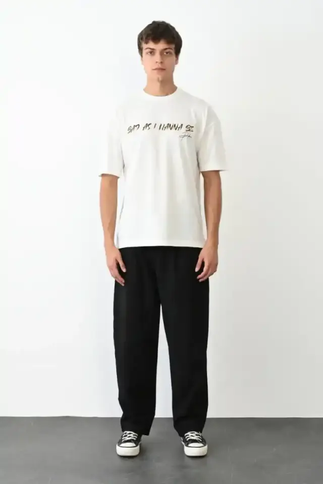 Erkek Baskılı T-Shirt Kısa Kol Bisiklet Yaka Regular Fit Rahat Kalıp Günlük Tişört- Beyaz