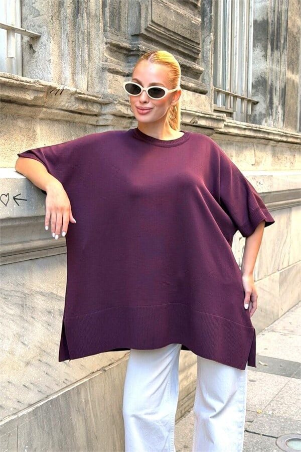 Mürdüm Oversize Triko Bluz