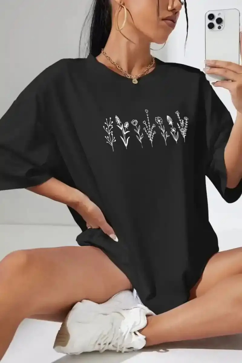 Kadın Baskılı T-Shirt Kısa Kol Bisiklet Yaka Oversize Rahat Kalıp Tişört - Siyah
