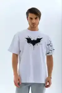 ERKEK Bisiklet yaka tişort Ön ve Kol YARASA Baskılı T-shirt - Beyaz
