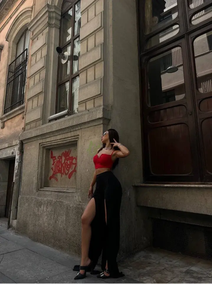 Yırtmaçlı Pantolon Balenli Crop Takım Kırmızı 3405