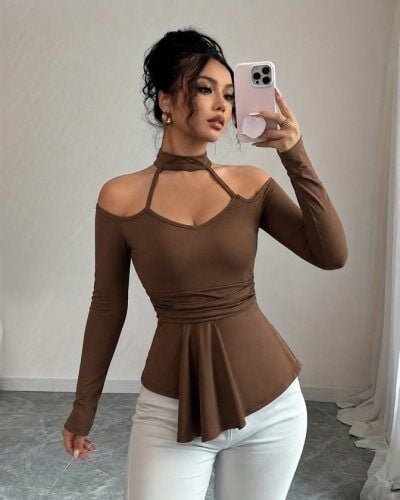 Kadın Omuzlardan Açık Yarı Balıkçı Yaka Uzun Kollu V Yakalı Onu Pileli Viskon Bluz