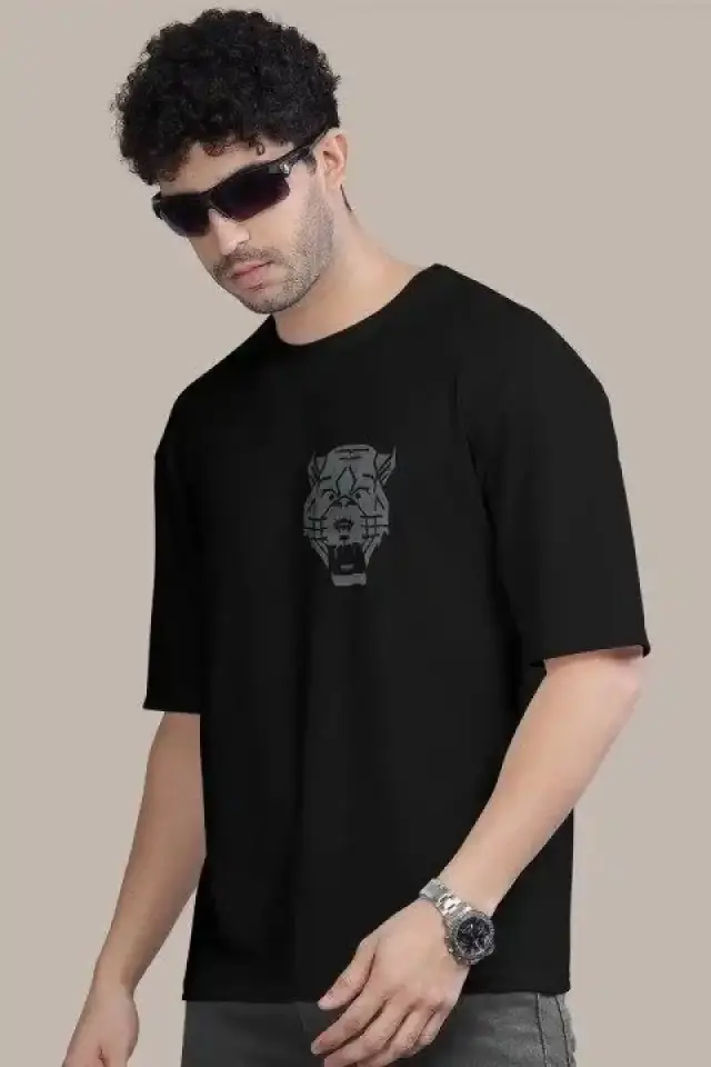 Erkek Kısa Kol Yazlık Tişört Bisiklet Yaka ASLAN Baskılı T-Shirt - Siyah