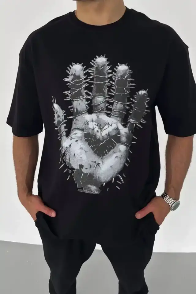 Erkek Baskılı T-Shirt Kısa Kol Bisiklet Yaka Regular Fit Rahat Kalıp Günlük Tişört - Siyah