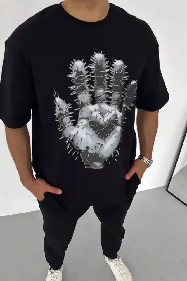 Erkek Baskılı T-Shirt Kısa Kol Bisiklet Yaka Regular Fit Rahat Kalıp Günlük Tişört - Siyah